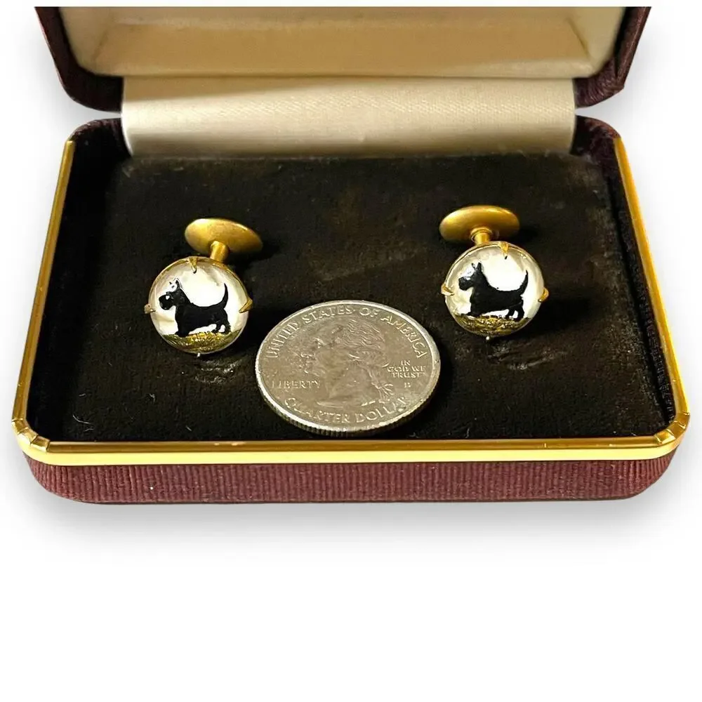 Vintage Paul Stuart 40s Cufflinks Mens Reverse Painted Convex Glass Scottie Dogs